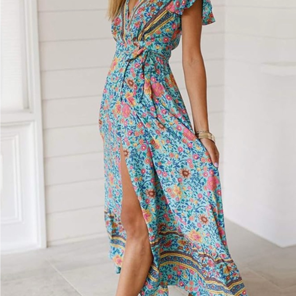 Blue Smocked Tie Front Maxi Dress with Flutter Sleeves
new with tags